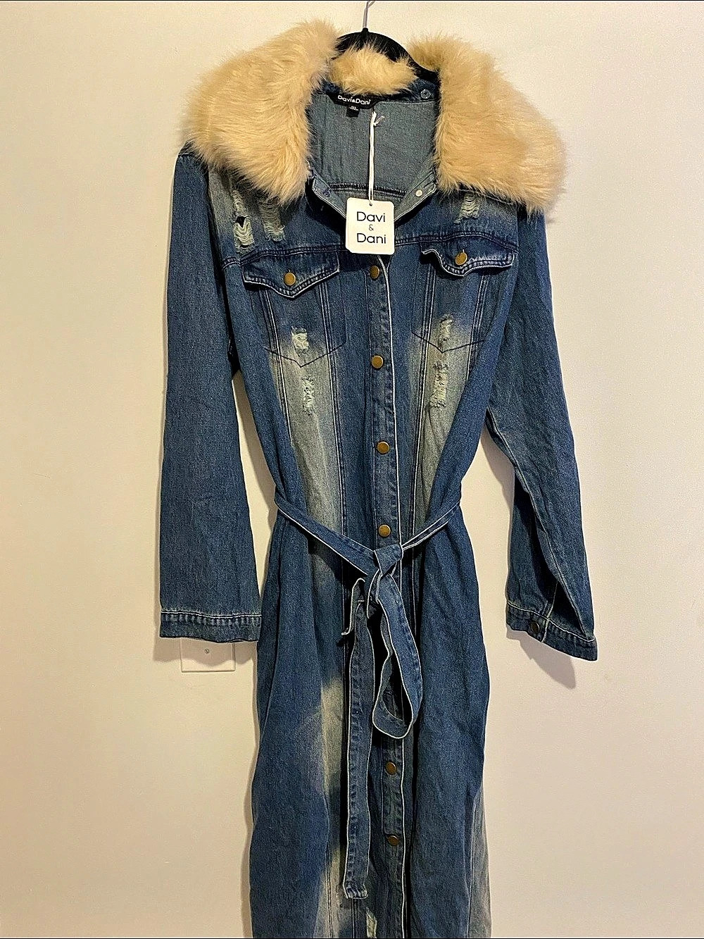 Davi & Dani Distressed Denim Maxi Dress in Blue & Cream XL NWT